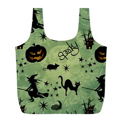 Funny Halloween Pattern With Witch, Cat And Pumpkin Full Print Recycle Bag (l) by FantasyWorld7