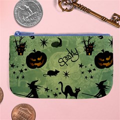 Funny Halloween Pattern With Witch, Cat And Pumpkin Large Coin Purse by FantasyWorld7