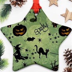 Funny Halloween Pattern With Witch, Cat And Pumpkin Ornament (star) by FantasyWorld7