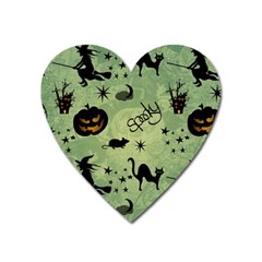 Funny Halloween Pattern With Witch, Cat And Pumpkin Heart Magnet by FantasyWorld7