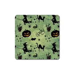 Funny Halloween Pattern With Witch, Cat And Pumpkin Square Magnet by FantasyWorld7