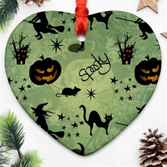 Funny Halloween Pattern With Witch, Cat And Pumpkin Heart Ornament (two Sides) by FantasyWorld7