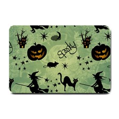 Funny Halloween Pattern With Witch, Cat And Pumpkin Small Doormat  by FantasyWorld7