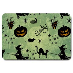 Funny Halloween Pattern With Witch, Cat And Pumpkin Large Doormat  by FantasyWorld7