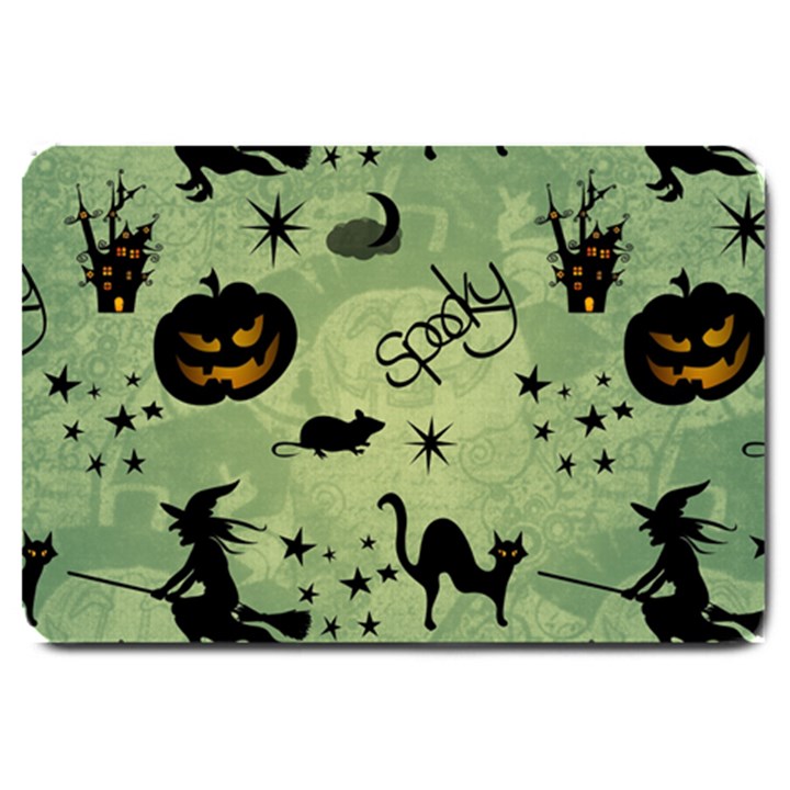 Funny Halloween Pattern With Witch, Cat And Pumpkin Large Doormat 