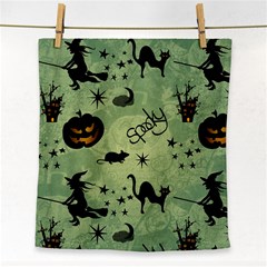 Funny Halloween Pattern With Witch, Cat And Pumpkin Face Towel by FantasyWorld7