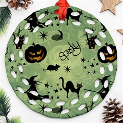 Funny Halloween Pattern With Witch, Cat And Pumpkin Round Filigree Ornament (two Sides) by FantasyWorld7