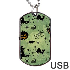 Funny Halloween Pattern With Witch, Cat And Pumpkin Dog Tag Usb Flash (two Sides) by FantasyWorld7