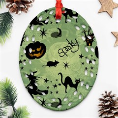 Funny Halloween Pattern With Witch, Cat And Pumpkin Oval Filigree Ornament (two Sides) by FantasyWorld7