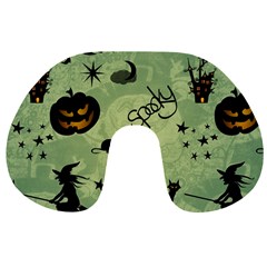 Funny Halloween Pattern With Witch, Cat And Pumpkin Travel Neck Pillow by FantasyWorld7