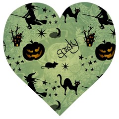 Funny Halloween Pattern With Witch, Cat And Pumpkin Wooden Puzzle Heart