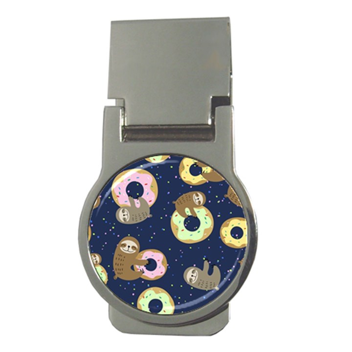 Cute Sloth With Sweet Doughnuts Money Clips (Round) 