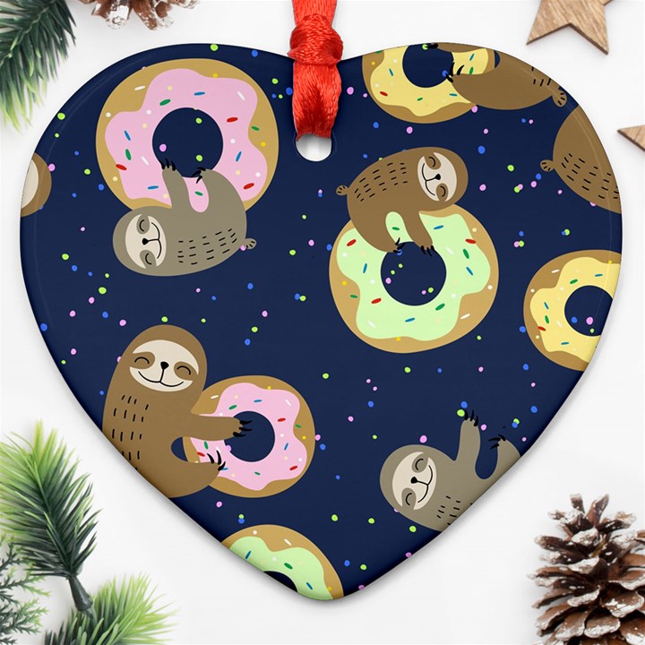 Cute Sloth With Sweet Doughnuts Heart Ornament (Two Sides)