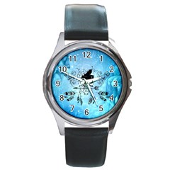 Piano With Feathers, Clef And Key Notes Round Metal Watch by FantasyWorld7