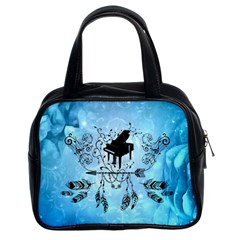 Piano With Feathers, Clef And Key Notes Classic Handbag (two Sides) by FantasyWorld7