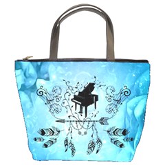 Piano With Feathers, Clef And Key Notes Bucket Bag by FantasyWorld7