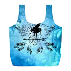 Piano With Feathers, Clef And Key Notes Full Print Recycle Bag (l) by FantasyWorld7