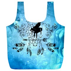 Piano With Feathers, Clef And Key Notes Full Print Recycle Bag (xl) by FantasyWorld7