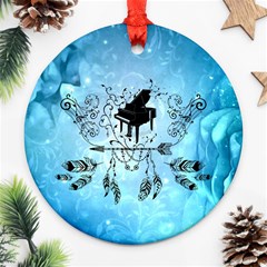 Piano With Feathers, Clef And Key Notes Ornament (round) by FantasyWorld7