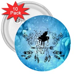 Piano With Feathers, Clef And Key Notes 3  Buttons (10 Pack)  by FantasyWorld7