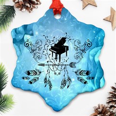 Piano With Feathers, Clef And Key Notes Snowflake Ornament (two Sides) by FantasyWorld7