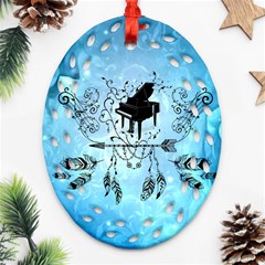 Piano With Feathers, Clef And Key Notes Ornament (oval Filigree) by FantasyWorld7