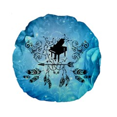 Piano With Feathers, Clef And Key Notes Standard 15  Premium Round Cushions by FantasyWorld7