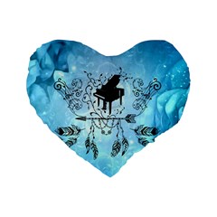 Piano With Feathers, Clef And Key Notes Standard 16  Premium Heart Shape Cushions by FantasyWorld7