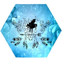 Piano With Feathers, Clef And Key Notes Wooden Puzzle Hexagon by FantasyWorld7