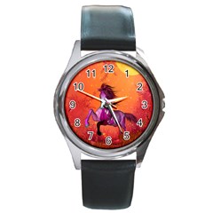 Wonderful Fantasy Horse In A Autumn Landscape Round Metal Watch by FantasyWorld7