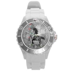 Wonderful Black And White Horse Round Plastic Sport Watch (L)