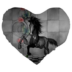 Wonderful Black And White Horse Large 19  Premium Flano Heart Shape Cushions