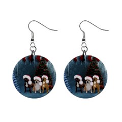 Christmas, Cute Dogs With Christmas Hat Mini Button Earrings by FantasyWorld7