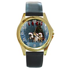 Christmas, Cute Dogs With Christmas Hat Round Gold Metal Watch