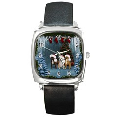 Christmas, Cute Dogs With Christmas Hat Square Metal Watch