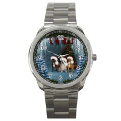 Christmas, Cute Dogs With Christmas Hat Sport Metal Watch by FantasyWorld7