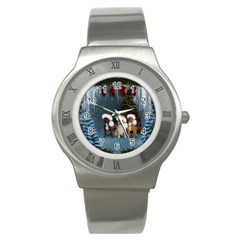 Christmas, Cute Dogs With Christmas Hat Stainless Steel Watch by FantasyWorld7