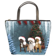 Christmas, Cute Dogs With Christmas Hat Bucket Bag