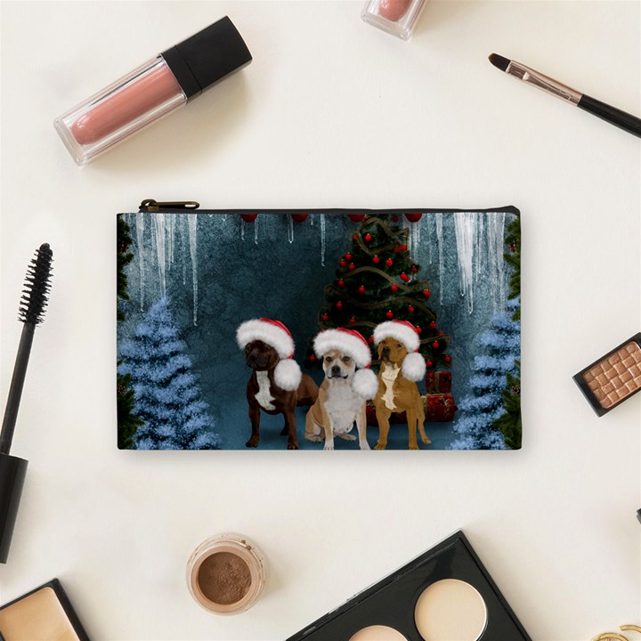 Christmas, Cute Dogs With Christmas Hat Cosmetic Bag (Small)