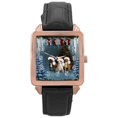 Christmas, Cute Dogs With Christmas Hat Rose Gold Leather Watch 