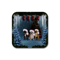 Christmas, Cute Dogs With Christmas Hat Rubber Square Coaster (4 Pack)  by FantasyWorld7