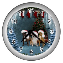 Christmas, Cute Dogs With Christmas Hat Wall Clock (Silver)