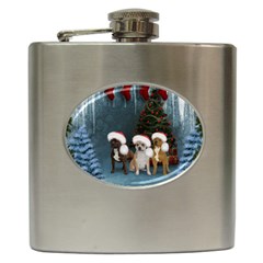 Christmas, Cute Dogs With Christmas Hat Hip Flask (6 Oz) by FantasyWorld7