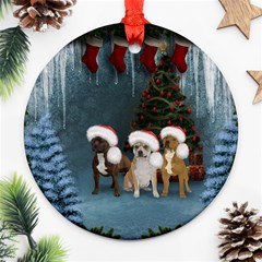 Christmas, Cute Dogs With Christmas Hat Round Ornament (two Sides) by FantasyWorld7