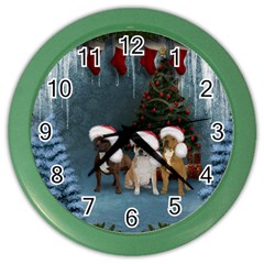 Christmas, Cute Dogs With Christmas Hat Color Wall Clock