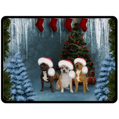 Christmas, Cute Dogs With Christmas Hat Fleece Blanket (large)  by FantasyWorld7