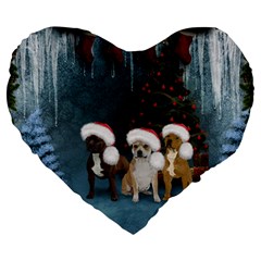 Christmas, Cute Dogs With Christmas Hat Large 19  Premium Heart Shape Cushions