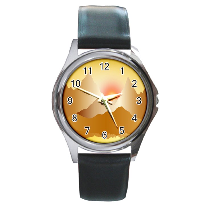 Twilight Mountain Landscape Sky Round Metal Watch