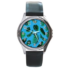 Tropical Leaves Nature Round Metal Watch by Vaneshart