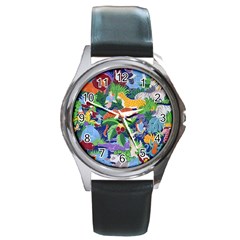 Animated Safari Animals Background Round Metal Watch